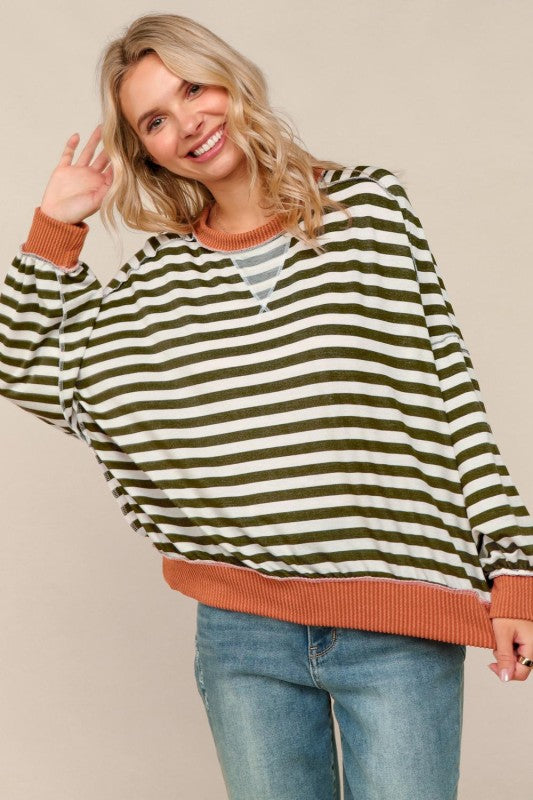 Haptics Stripe Olive & Rust Crew Neck Loose Fit Knit Pullover