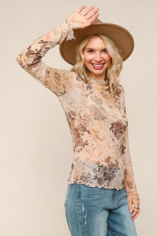 Haptics Taupe Floral & Leopard Print Semi Sheer Top With Frilled Merrow Hem