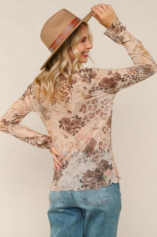 Haptics Taupe Floral & Leopard Print Semi Sheer Top With Frilled Merrow Hem