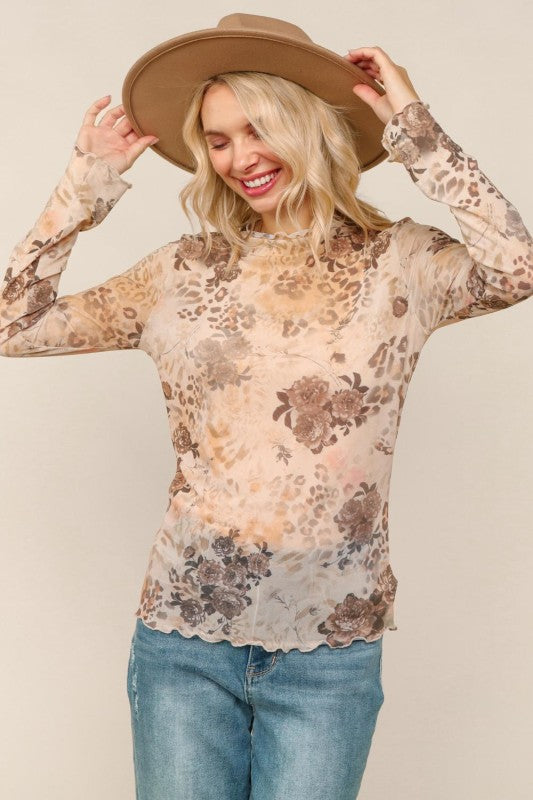 Haptics Taupe Floral & Leopard Print Semi Sheer Top With Frilled Merrow Hem