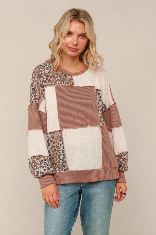 Haptics Taupe Ribbed Leopard Print Cable Knit Sweater