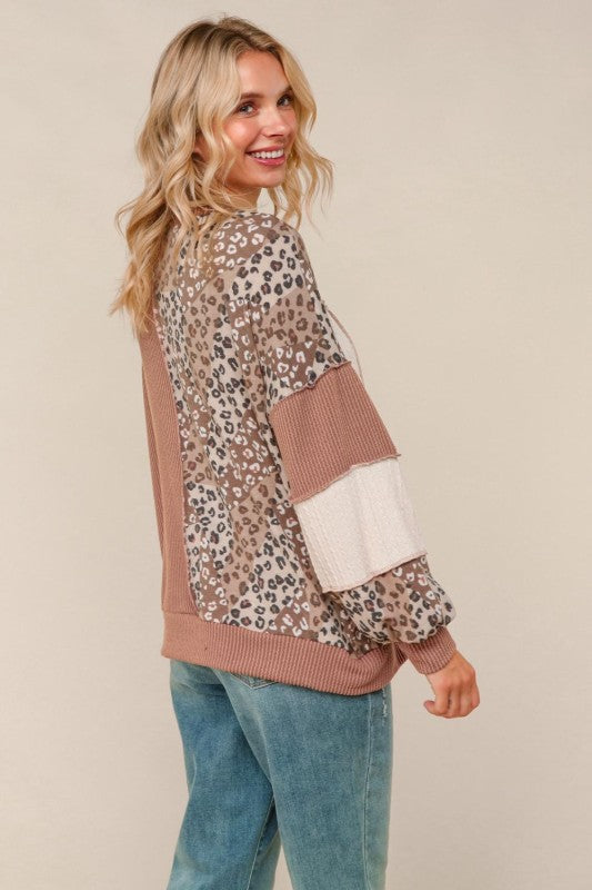 Haptics Taupe Ribbed Leopard Print Cable Knit Sweater