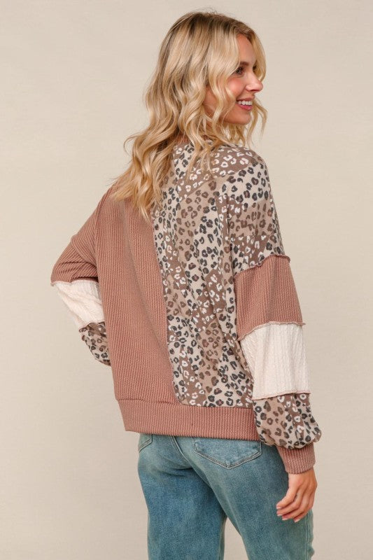 Haptics Taupe Ribbed Leopard Print Cable Knit Sweater