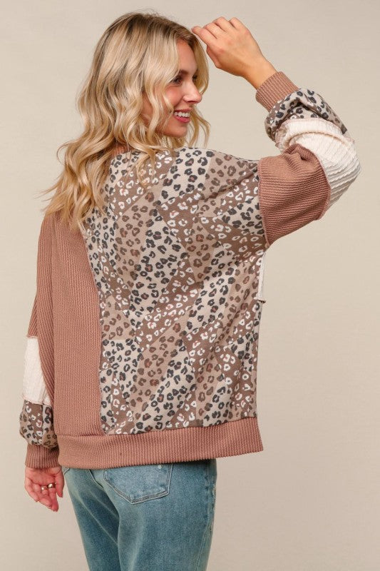 Haptics Taupe Ribbed Leopard Print Cable Knit Sweater