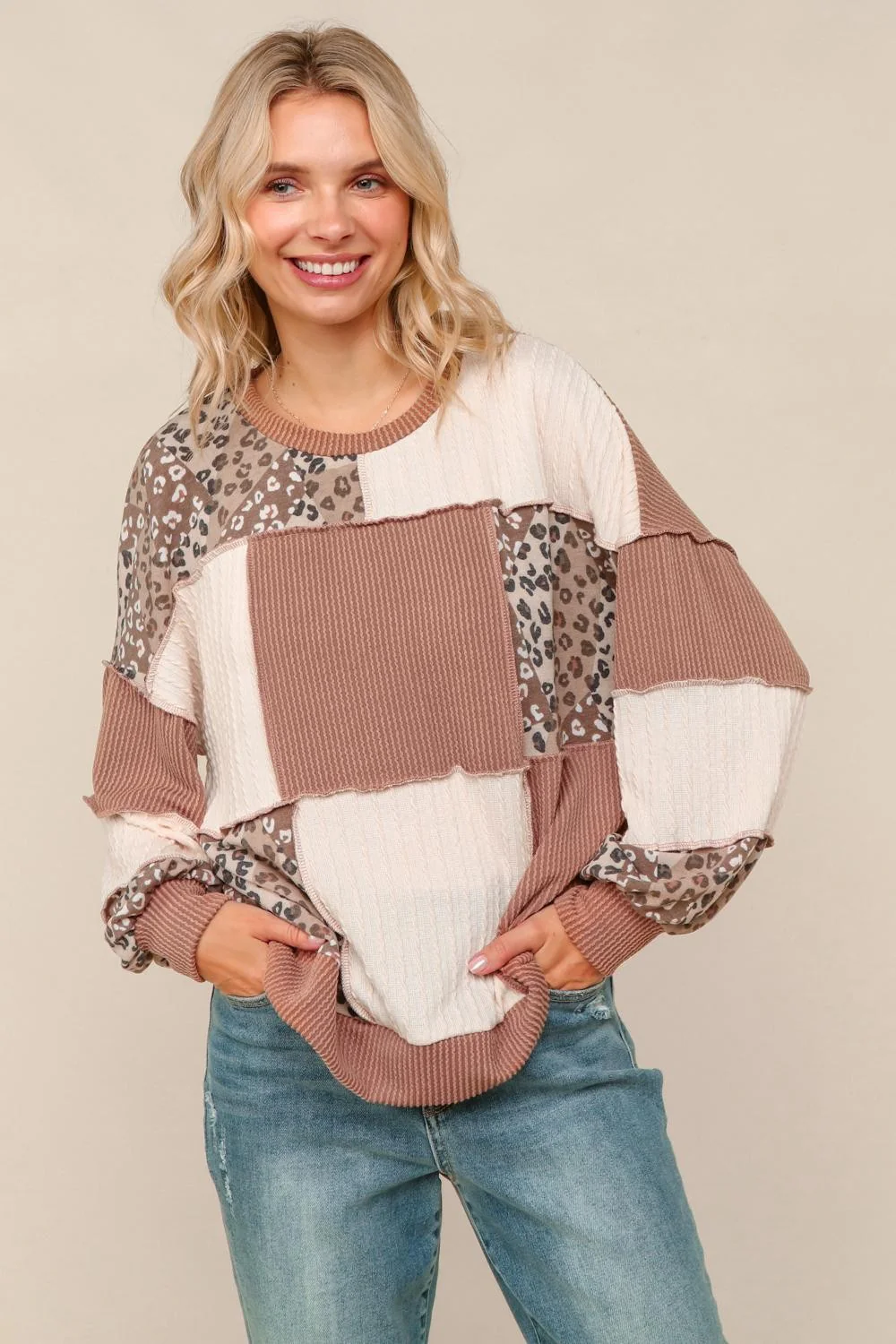 Haptics Taupe Ribbed Leopard Print Cable Knit Sweater