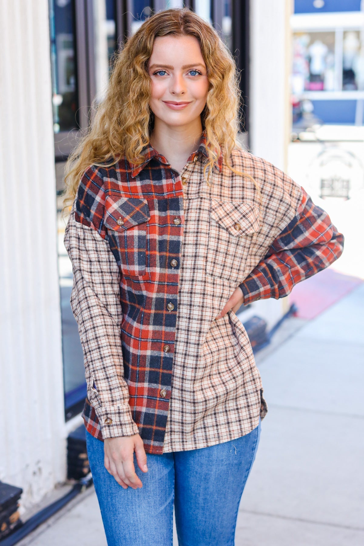 Haptics Make A Statement Rust & Taupe Plaid Color Block Shacket Final Sale