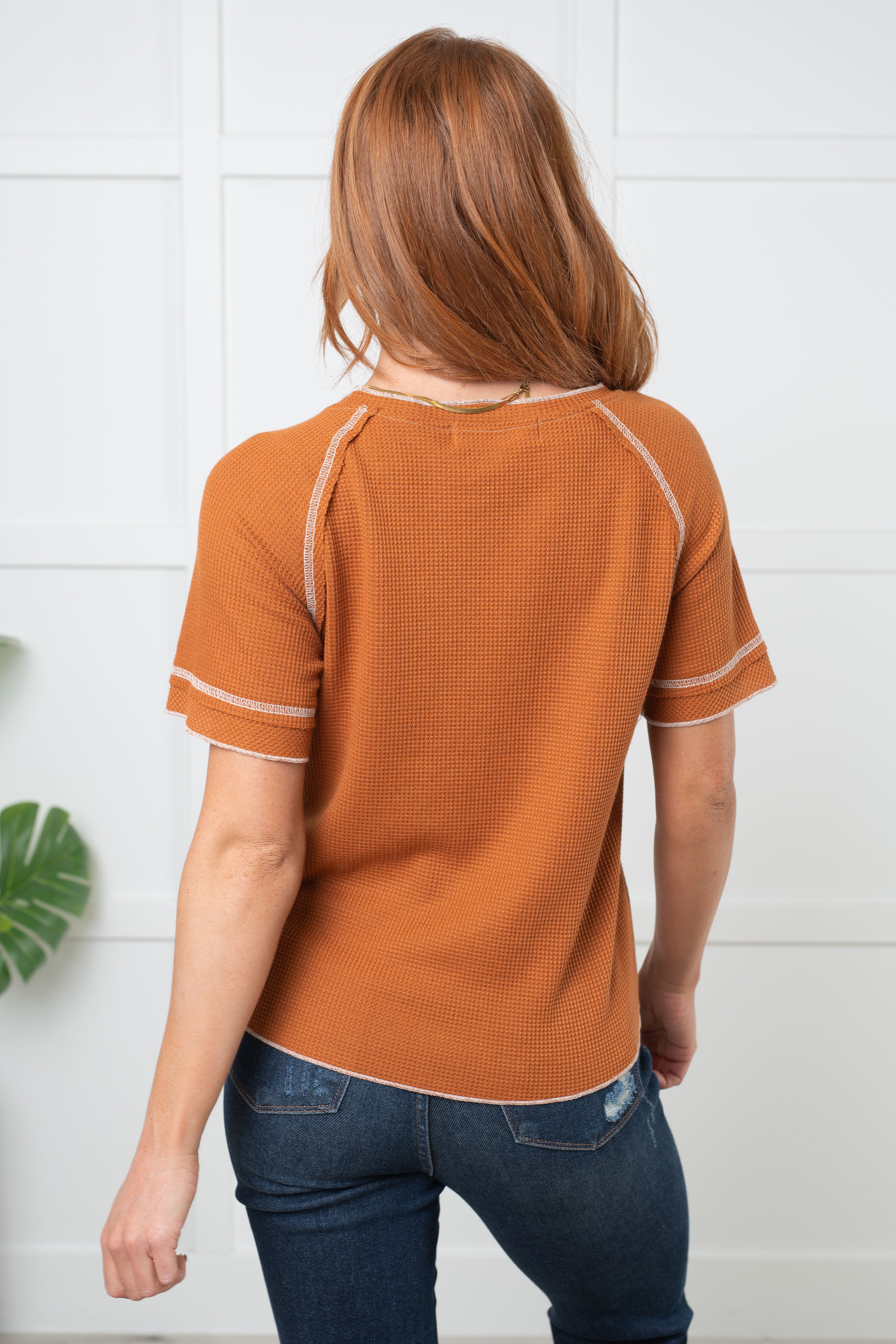 One Eleven North Heartbreaker Waffle Knit Tee in Chestnut Tops