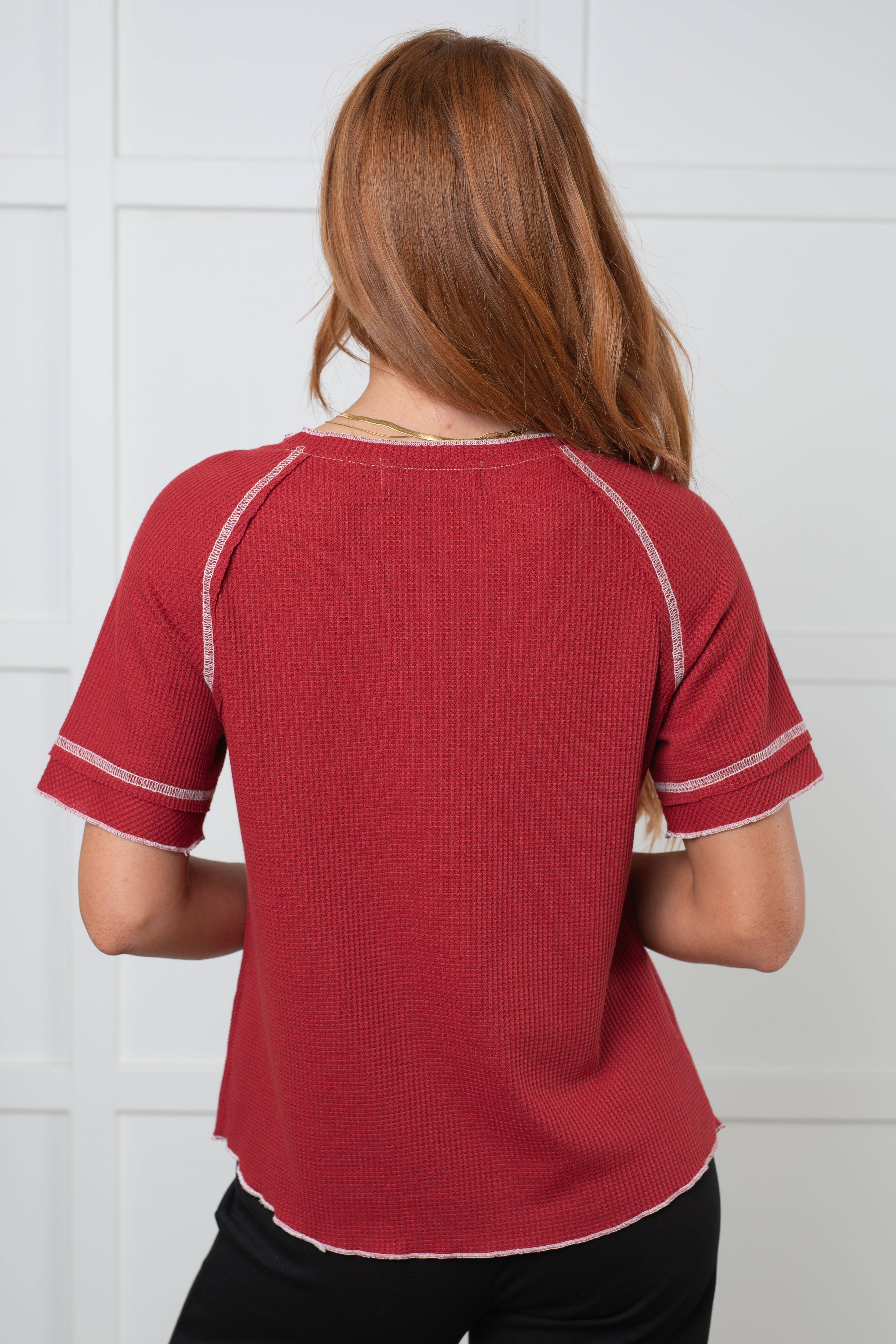 One Eleven North Heartbreaker Waffle Knit Tee in Cranberry Tops