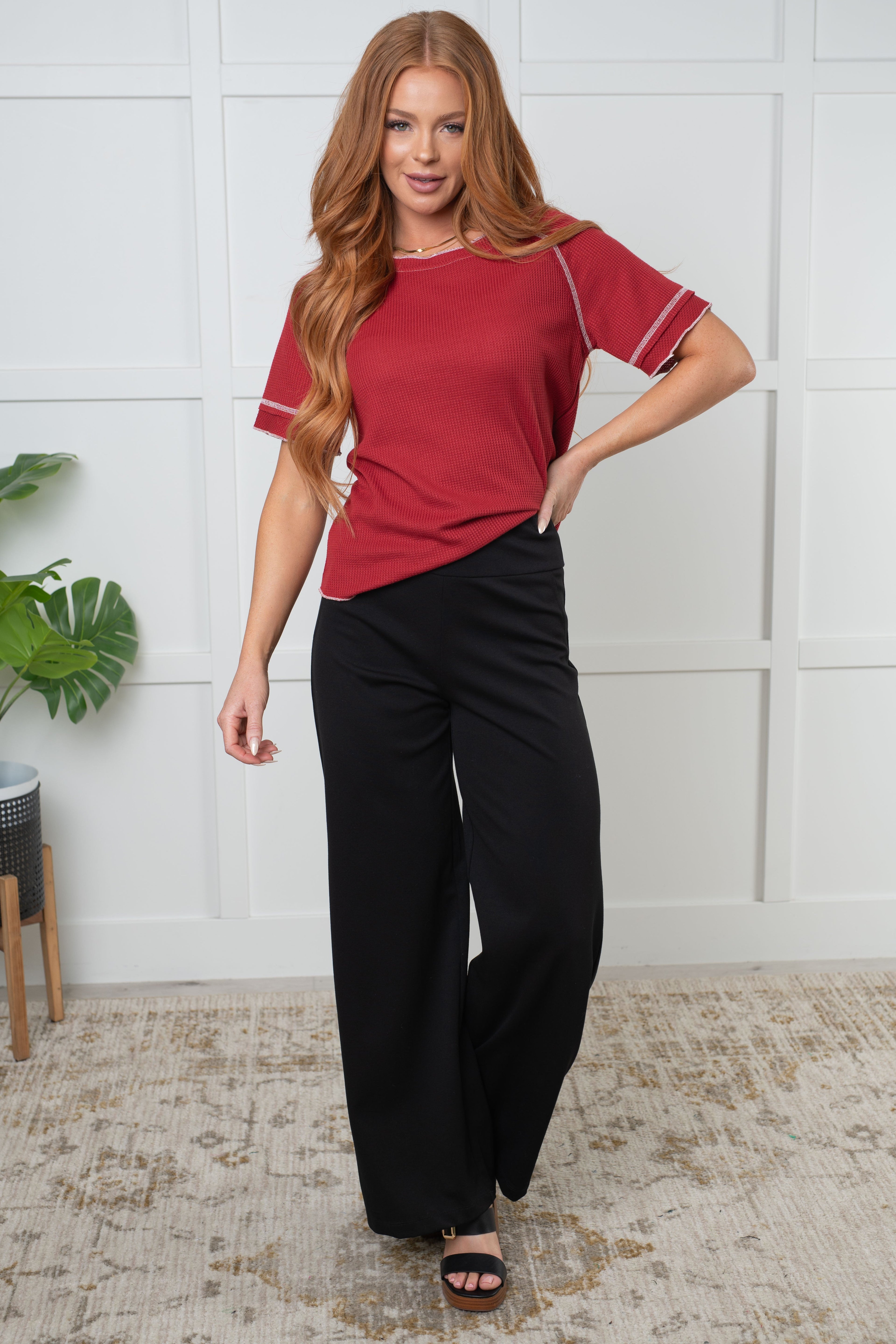 One Eleven North Heartbreaker Waffle Knit Tee in Cranberry Tops