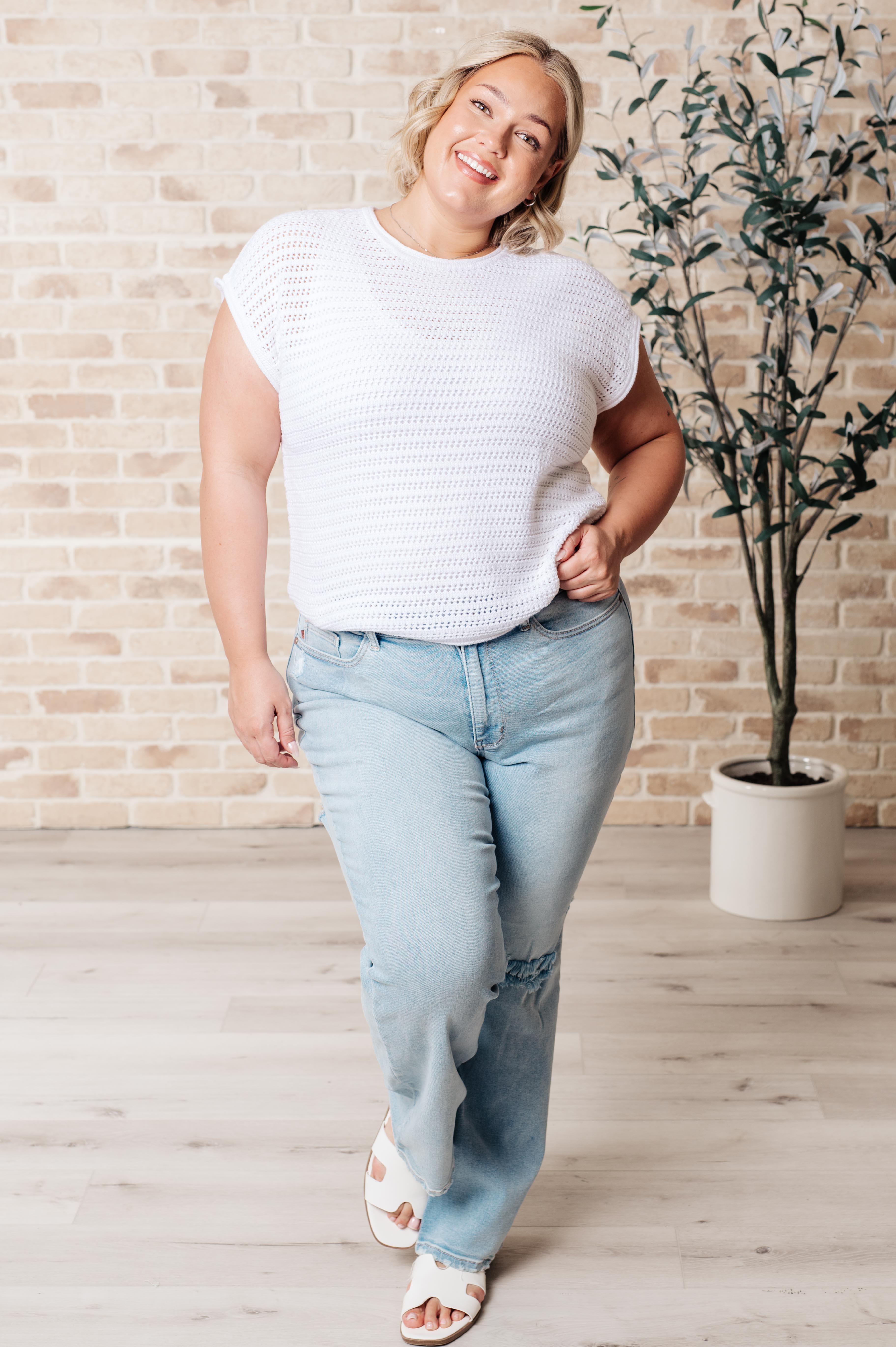 One Eleven North Here for More Open Knit Cap Sleeve Sweater Tops