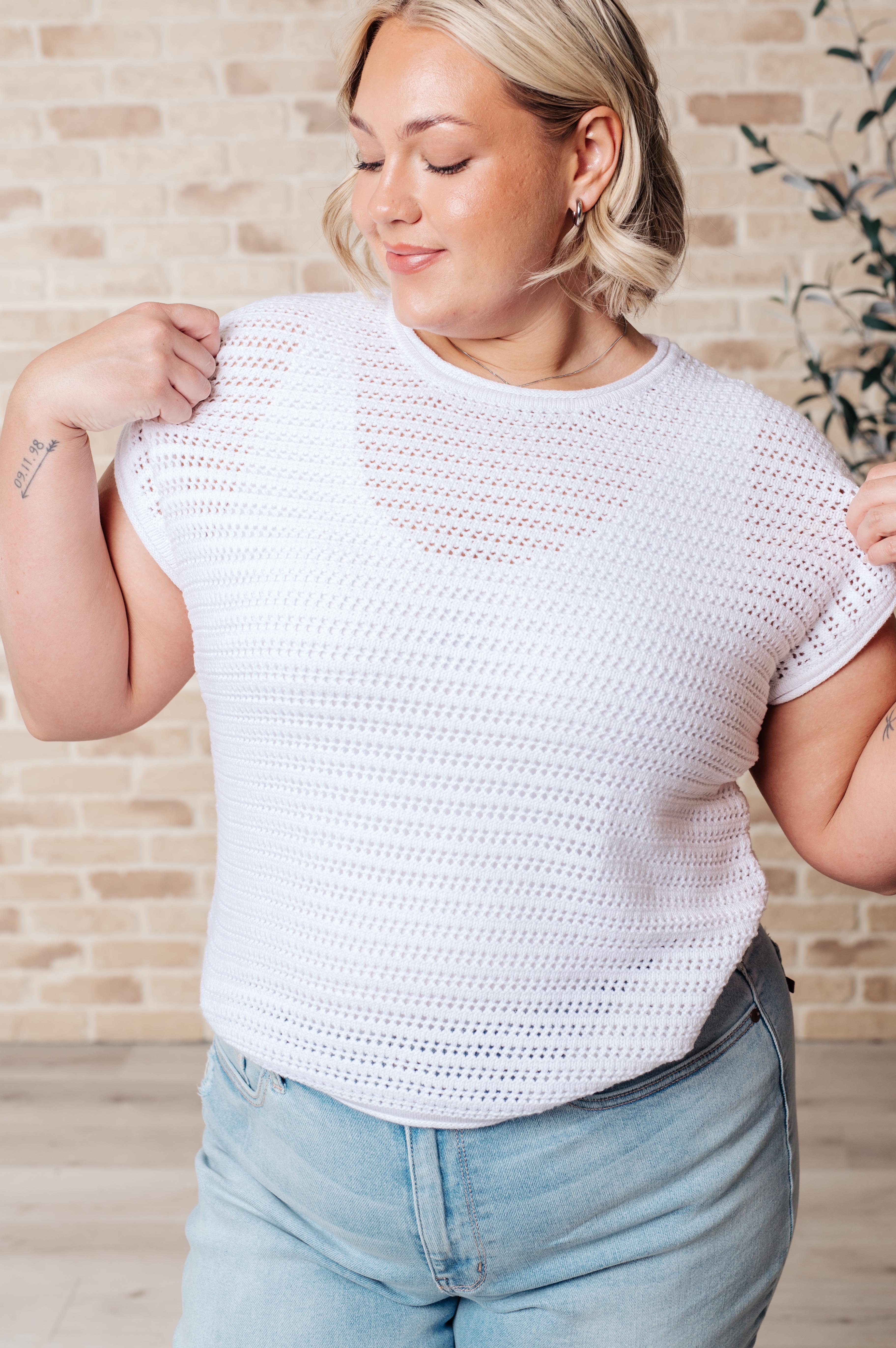 One Eleven North Here for More Open Knit Cap Sleeve Sweater Tops