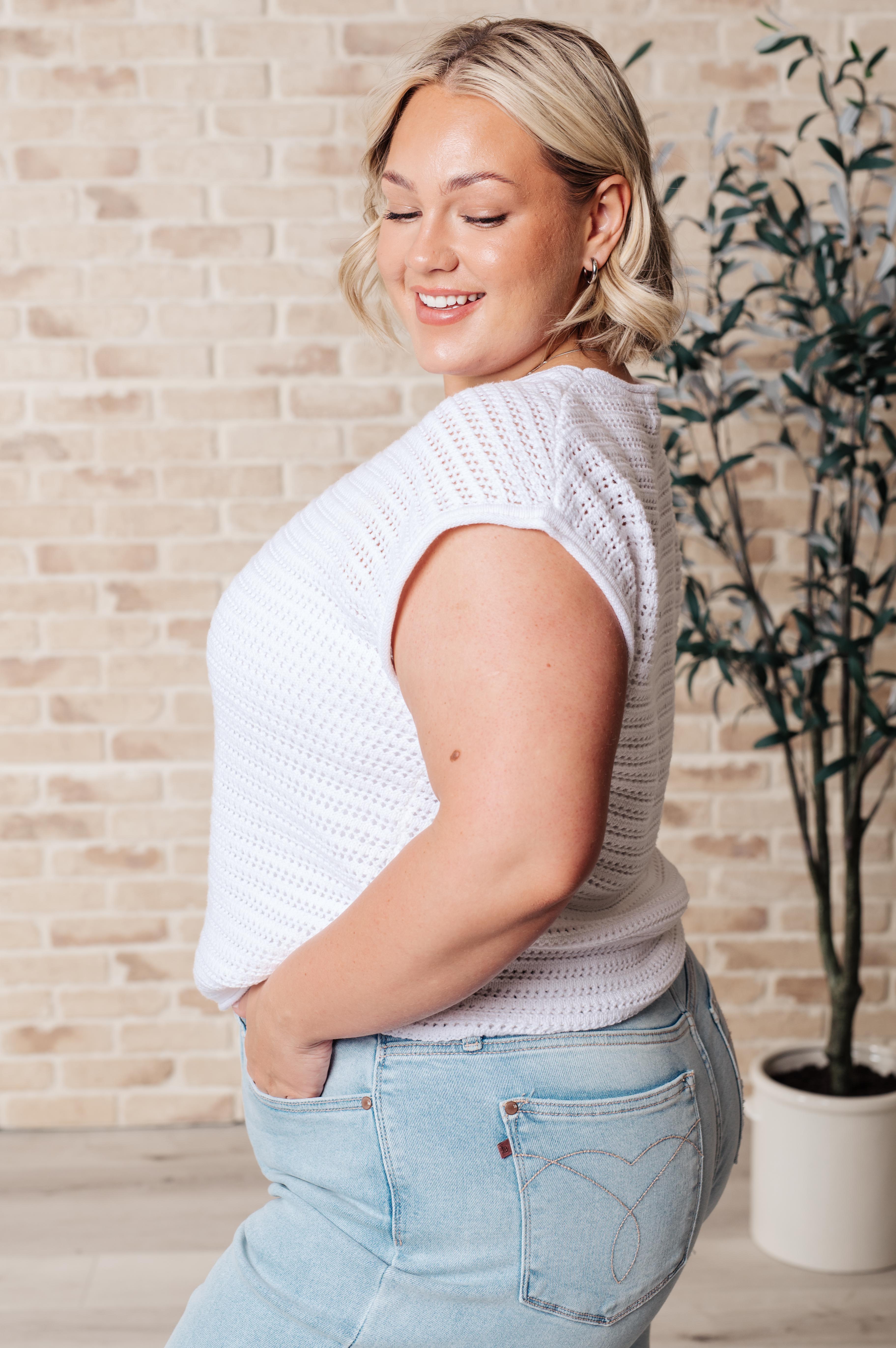 One Eleven North Here for More Open Knit Cap Sleeve Sweater Tops