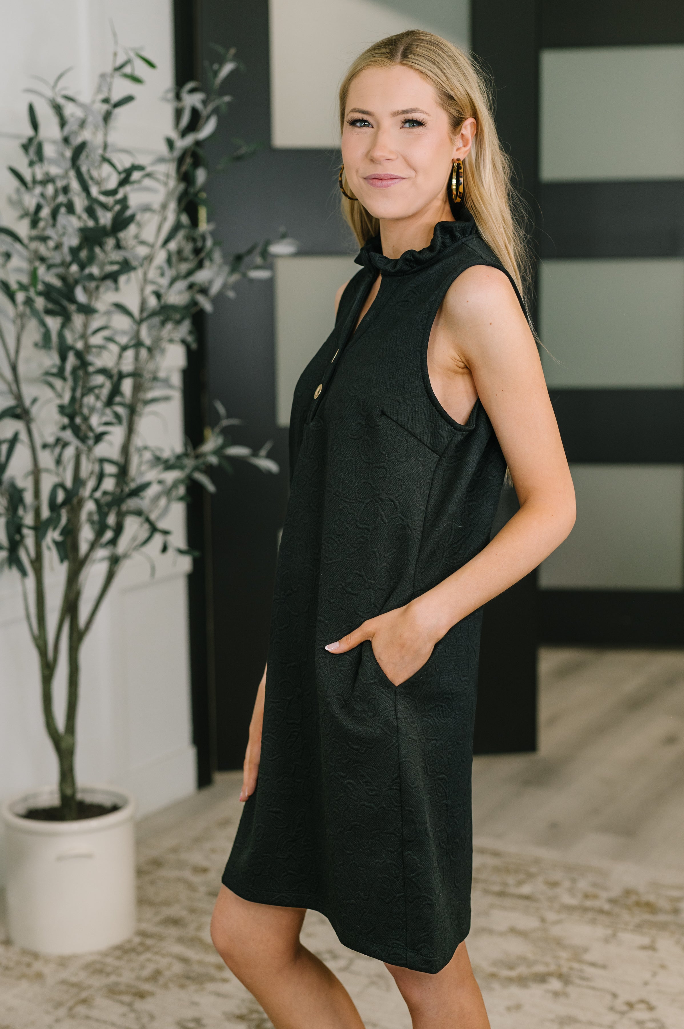 Dear Scarlett High Tide High Neck Embossed Sleeveless Dress in Black Womens