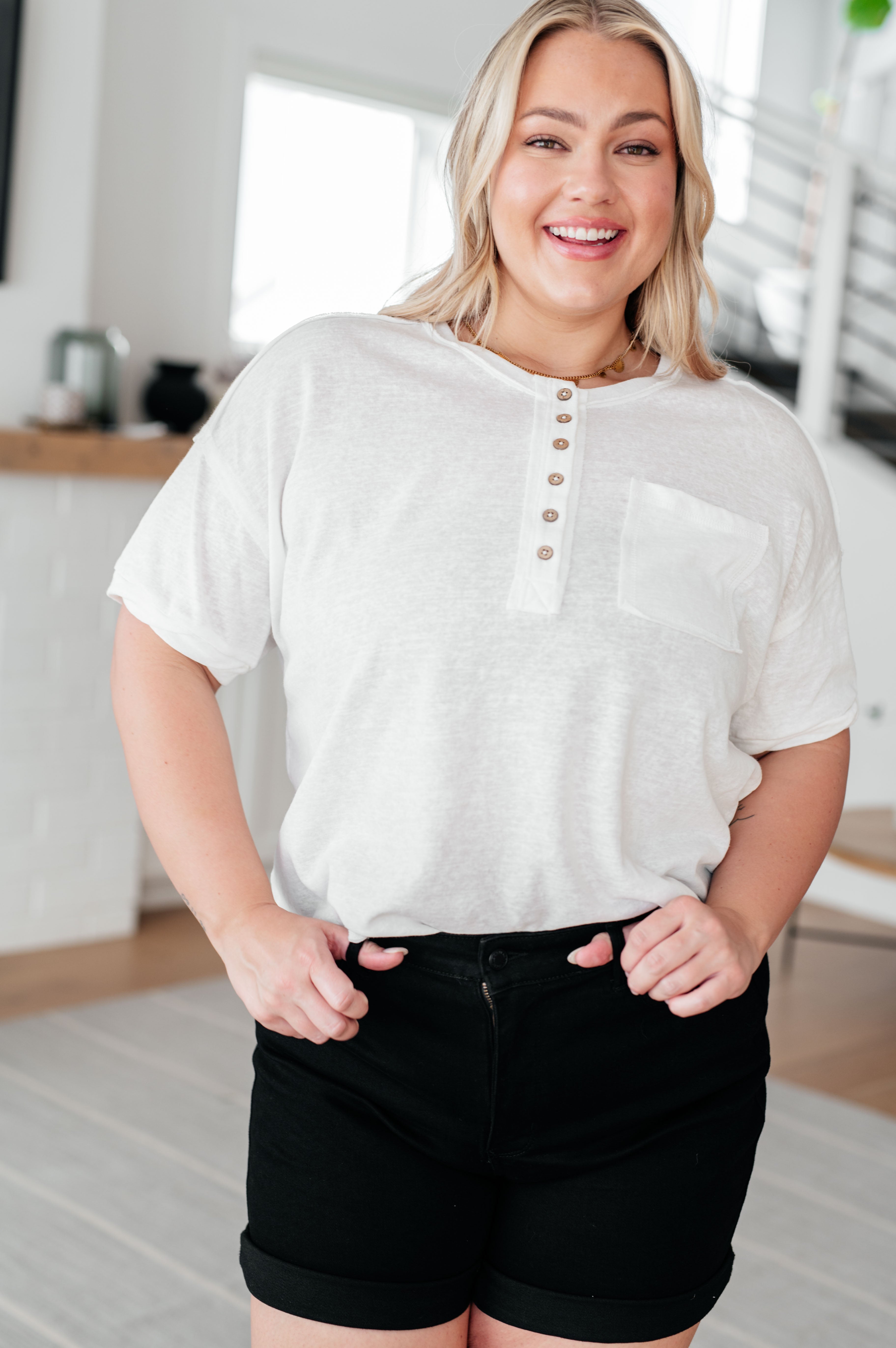 Very J Hipster Woven Henley Top Tops