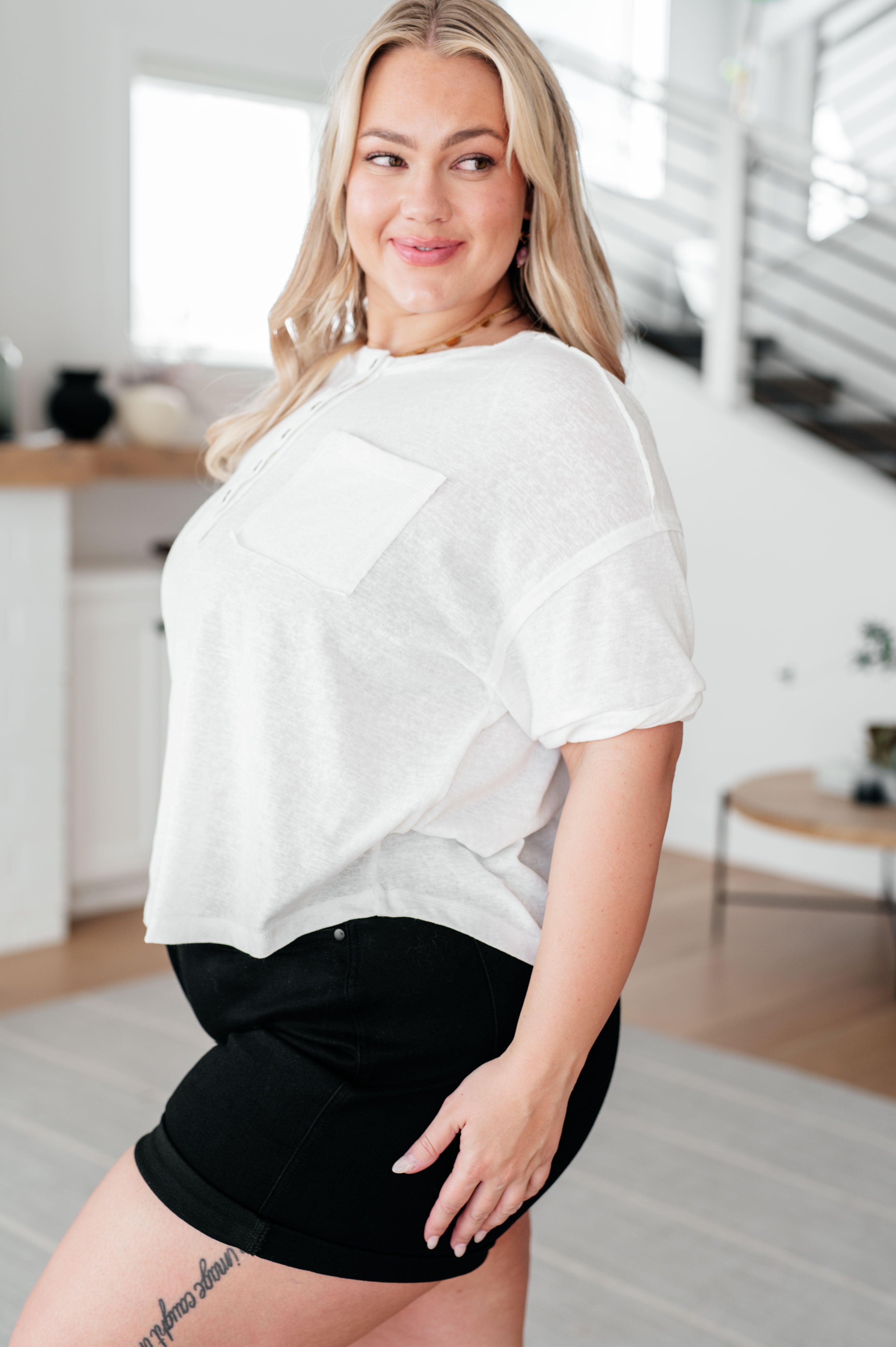 Very J Hipster Woven Henley Top Tops