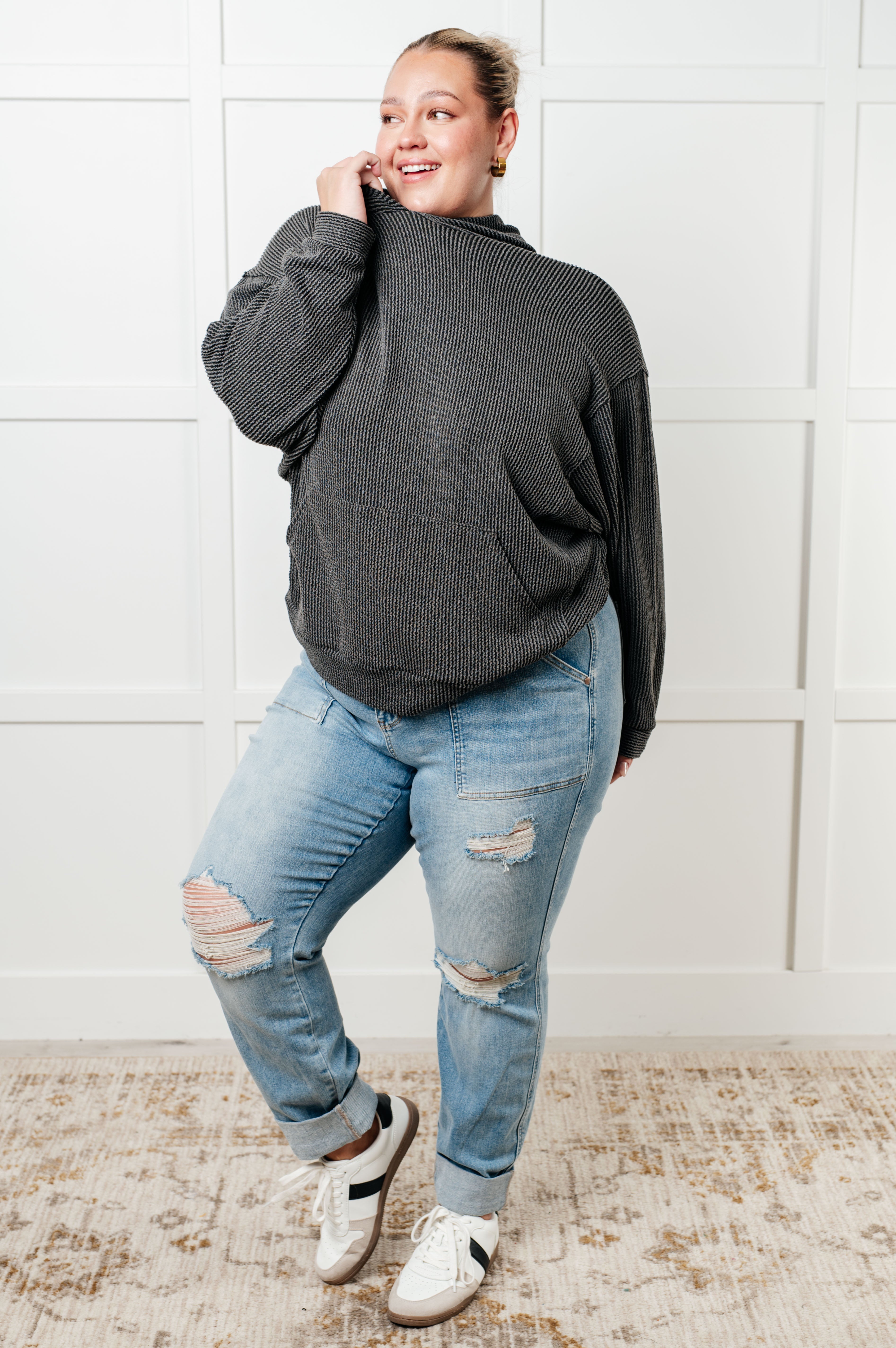 Sew in Love Hold That Thought Rib Knit Hoodie in Gray Tops