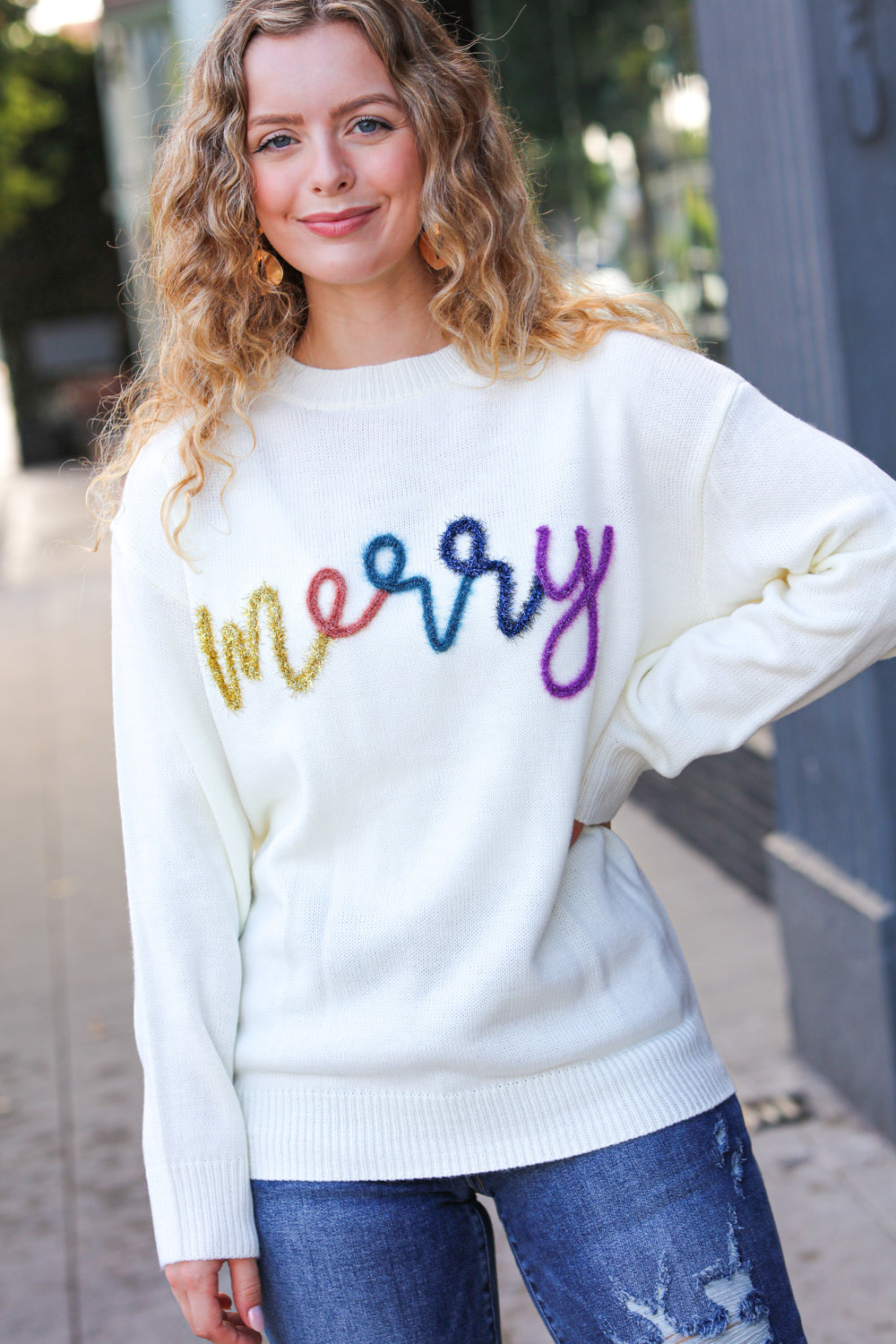 Haptics More the Merrier White Pop Up Lurex Sweater