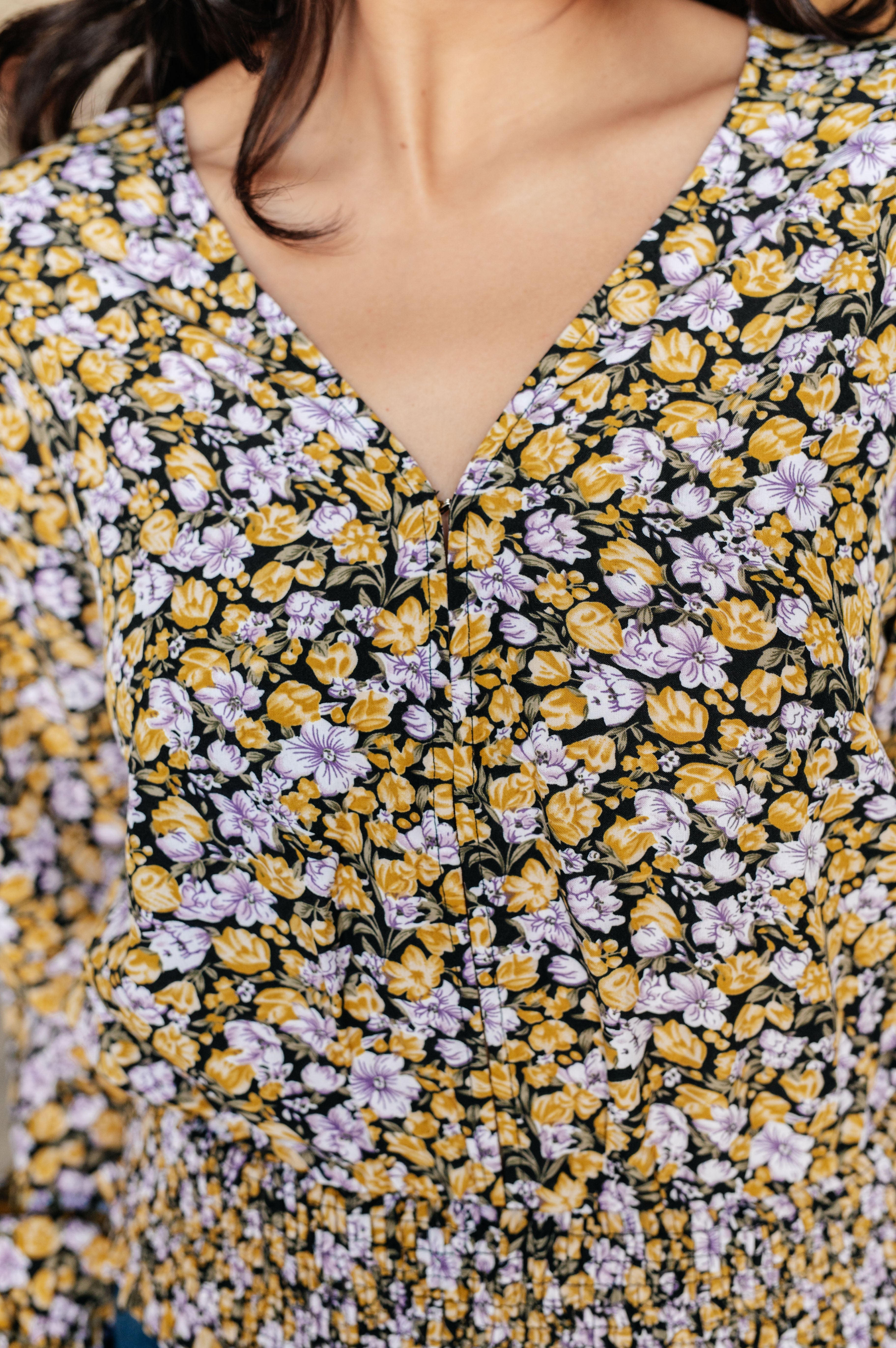 Sew In Love Honey Honey Floral Smocked Blouse in Black Blouses