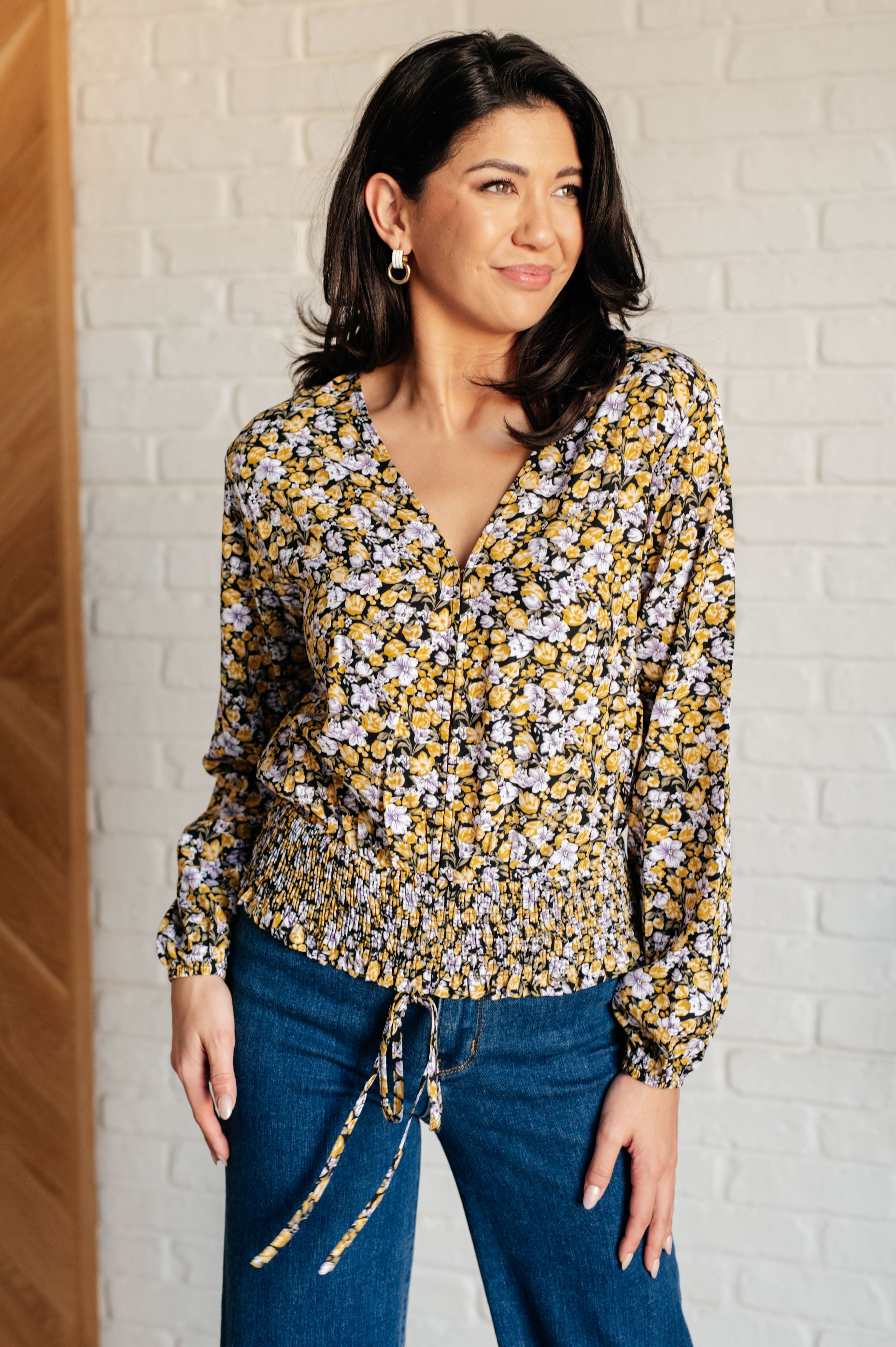 Sew In Love Honey Honey Floral Smocked Blouse in Black Blouses