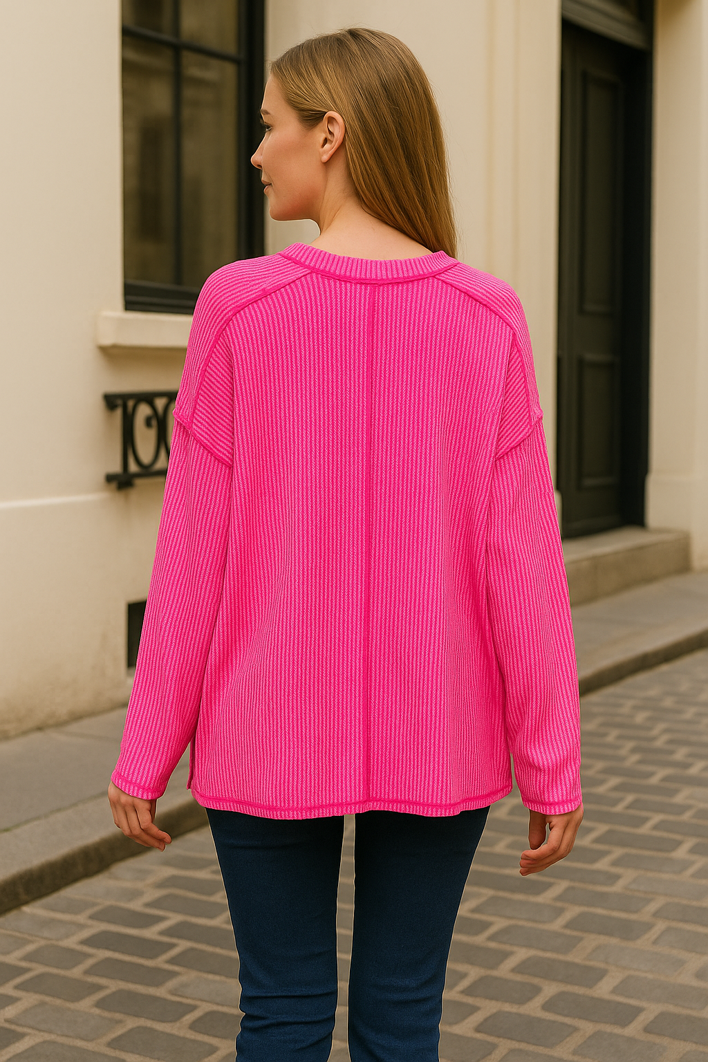 Zenana Hot Pink Exposed Seam Long Sleeve Corded Rib Knit Top