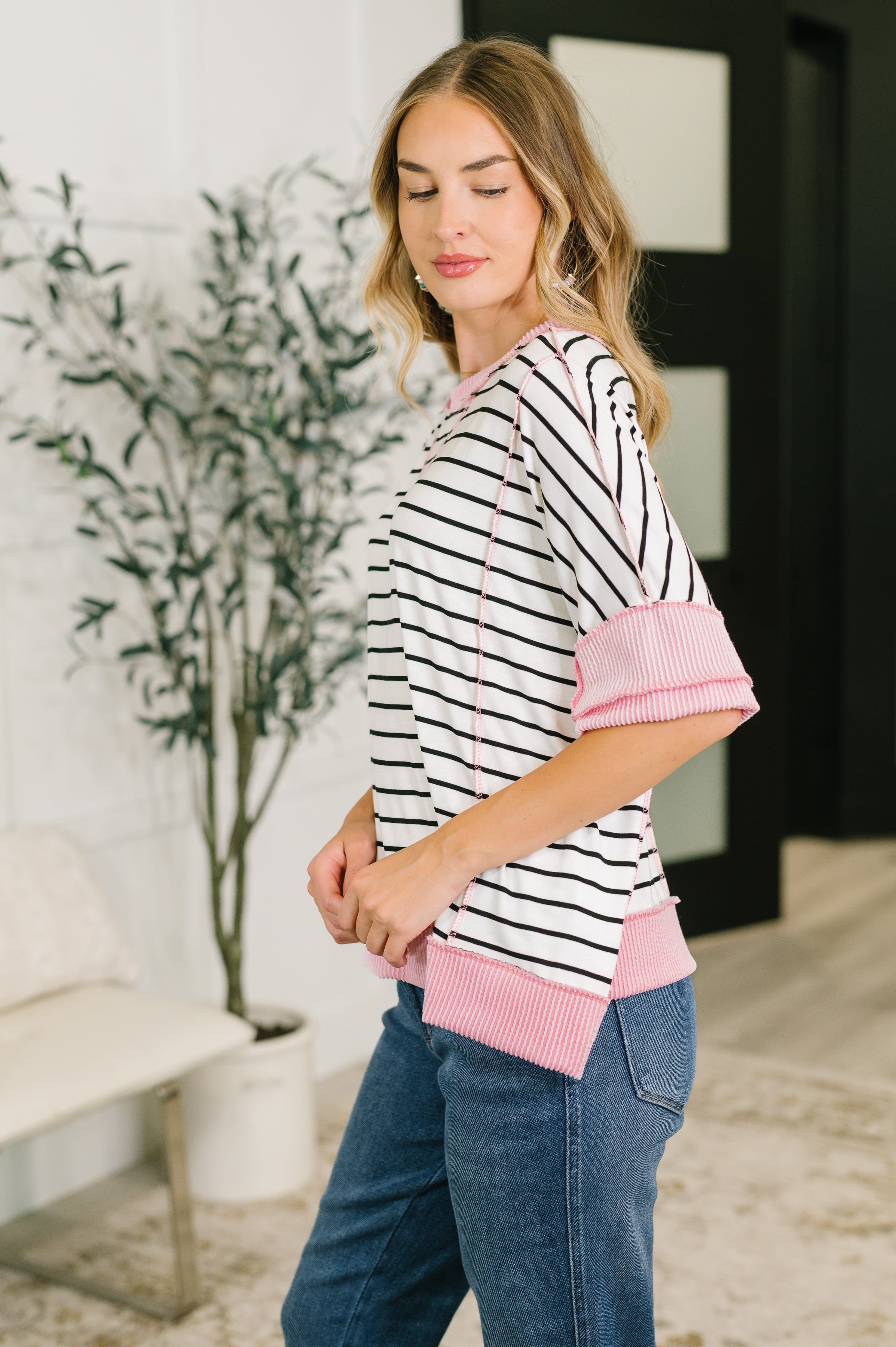 Haptics Human Nature Pink Contrast Detailed Top Womens