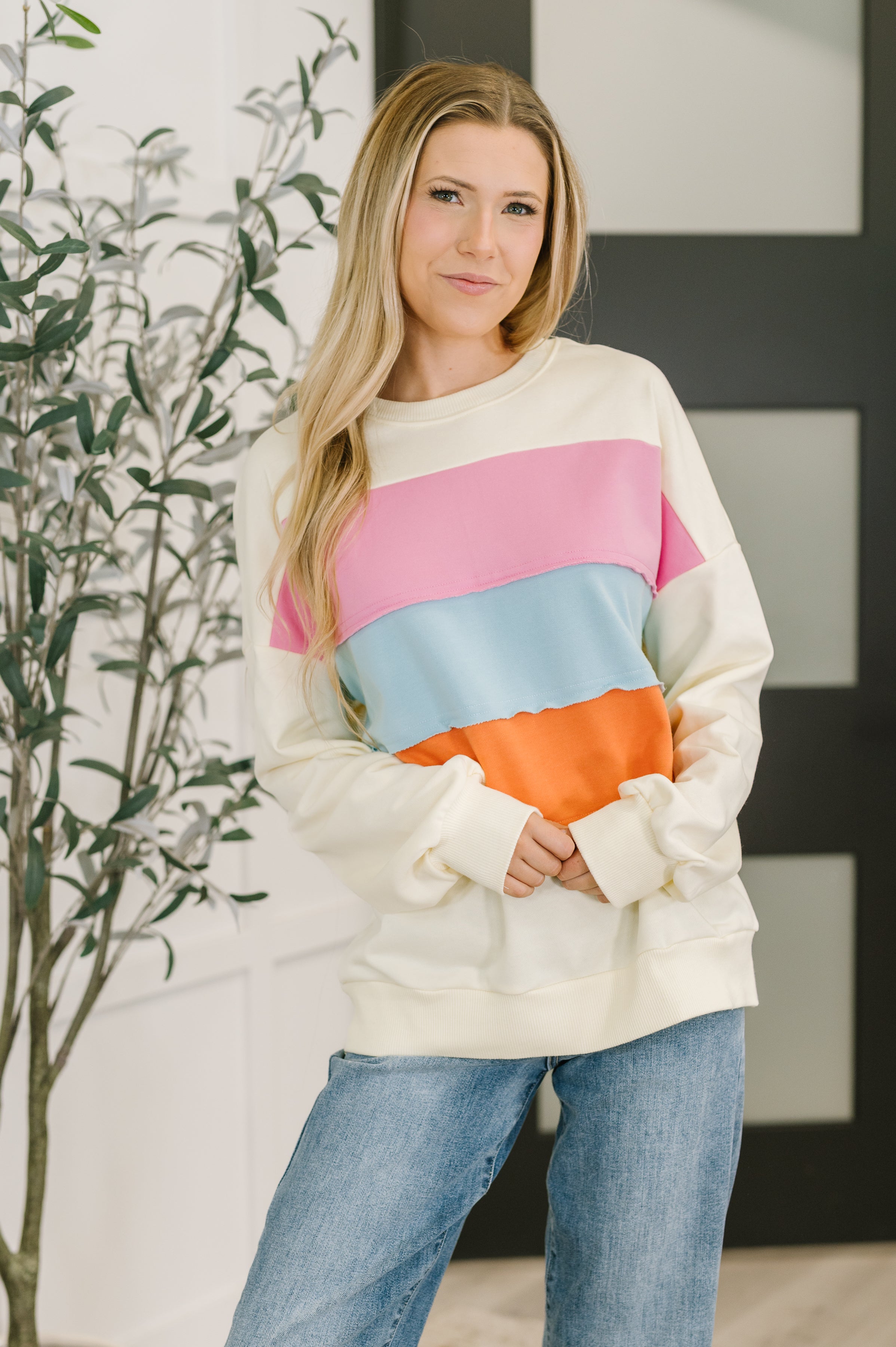 Humor Me Color Block Relaxed Pullover Womens