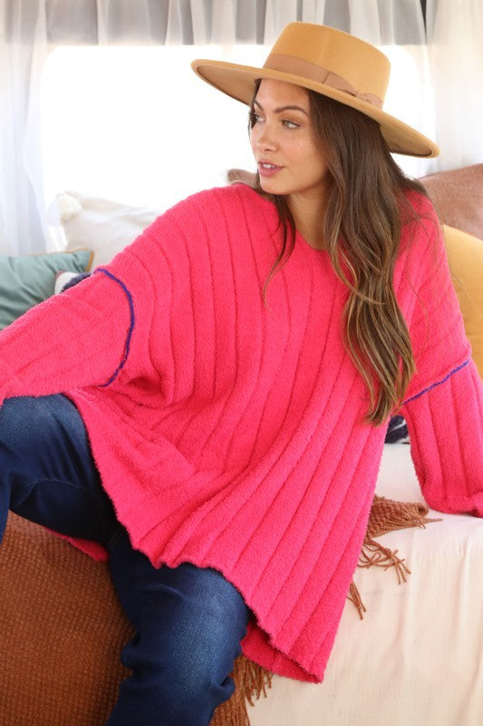 Fantastic Fawn Me Hot Pink Thick Ribbed Sweater