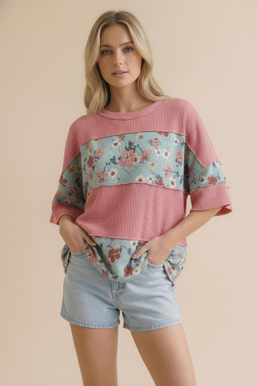 Haptics Garden Party Floral Wave Ribbed Colorblock Top