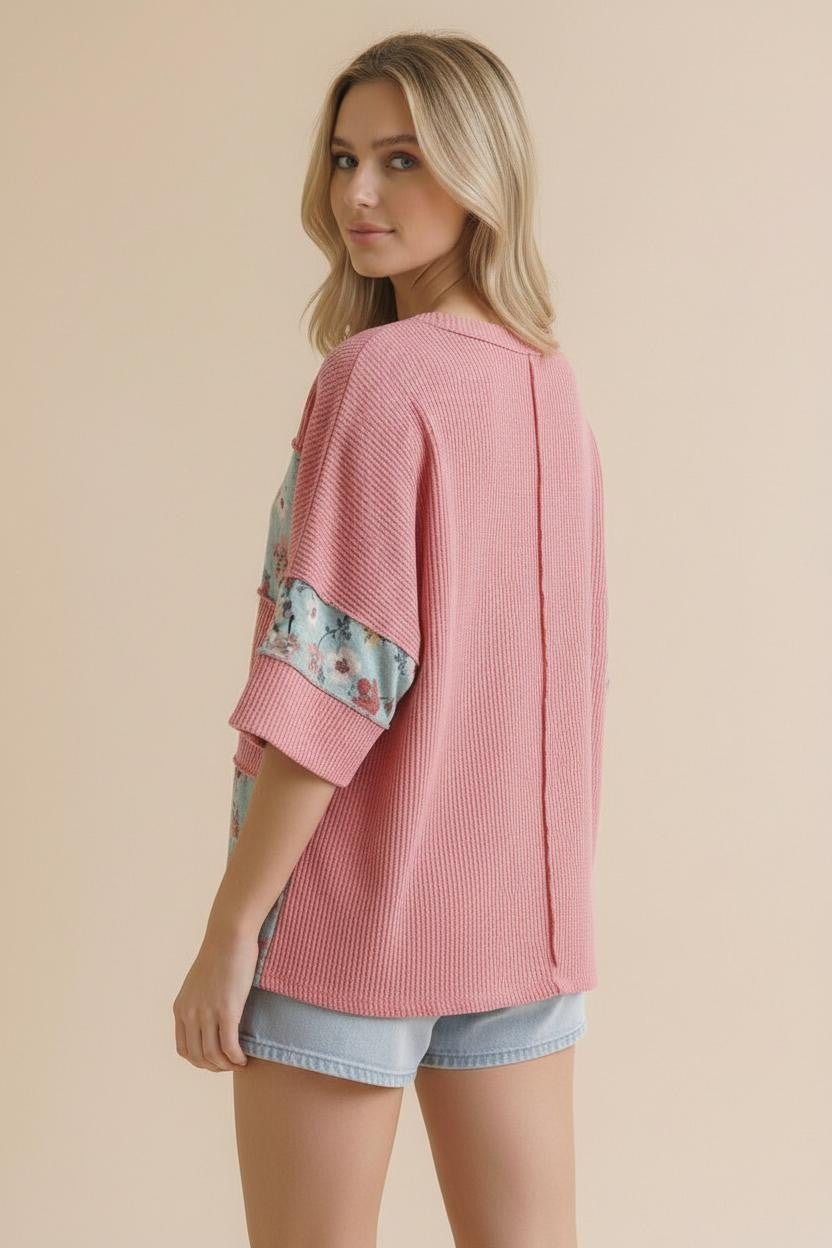 Haptics Garden Party Floral Wave Ribbed Colorblock Top