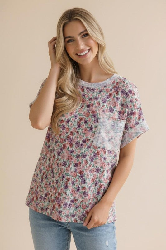 Haptics Garden Crush Floral Ribbed Knit Oversized Pocketed Top