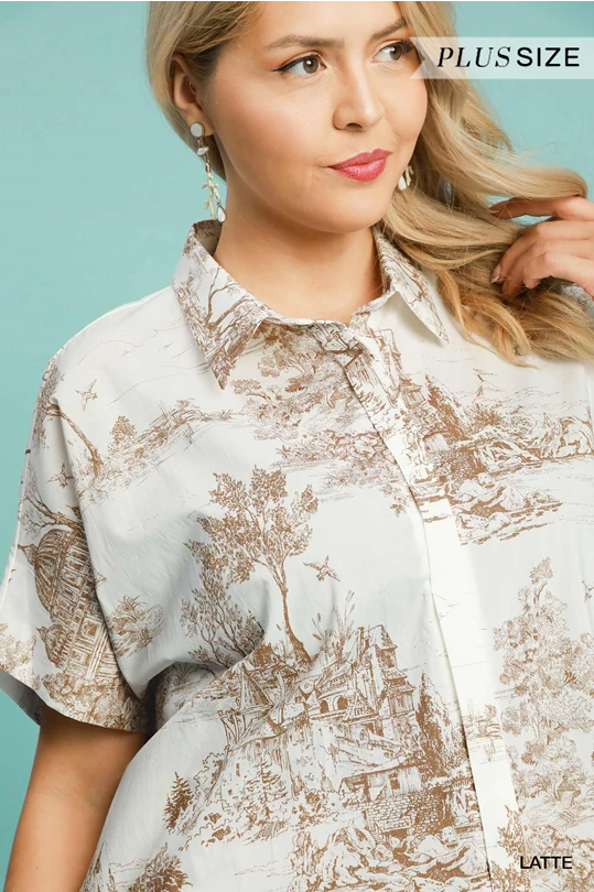 Umgee Two Tone Toile Print Button Up Short Sleeve Blouse
