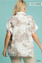 Umgee Two Tone Toile Print Button Up Short Sleeve Blouse