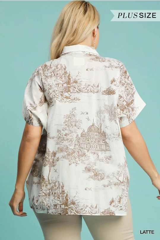 Umgee Two Tone Toile Print Button Up Short Sleeve Blouse