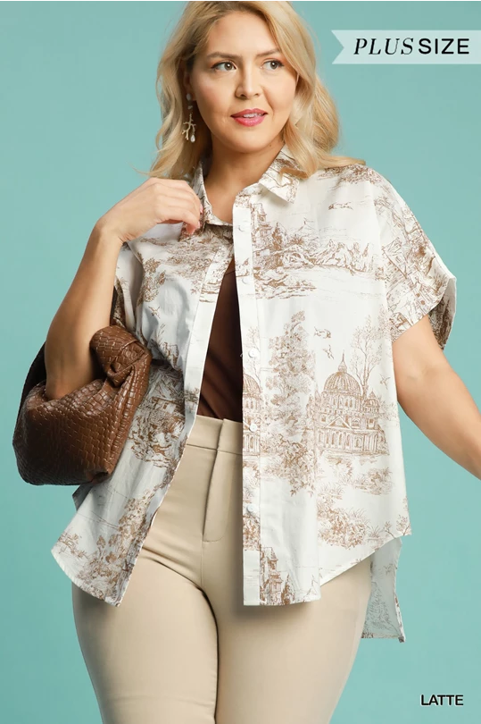 Umgee Two Tone Toile Print Button Up Short Sleeve Blouse