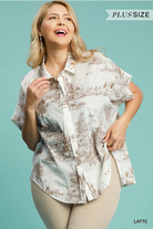 Umgee Two Tone Toile Print Button Up Short Sleeve Blouse