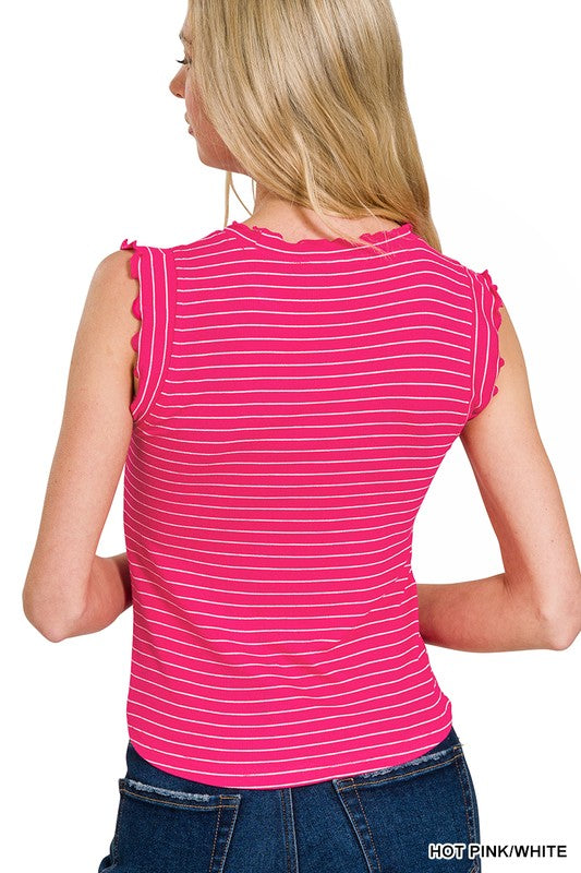 Zenana Blue & Ivory Ribbed Ruffle Trim Sleeveless Stripe Top