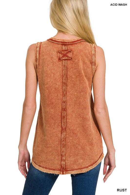 Zenana Mahogany Washed Half-Button Raw Edge Sleeveless Henley Top