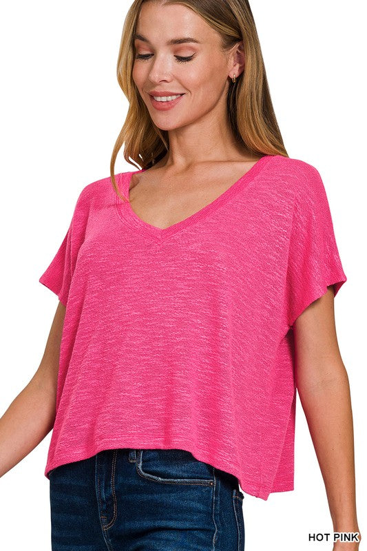 Zenana Bright Mauve Hacci Slub V-neck Drop Shoulder Crop Top