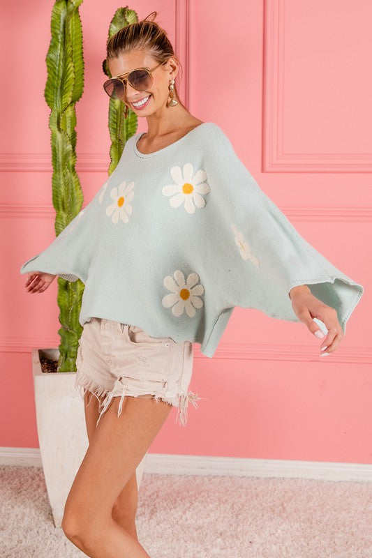 BiBi Oatmeal Flower Embroidery Loose Fit Knit Top