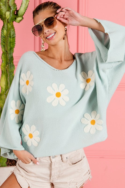 BiBi Oatmeal Flower Embroidery Loose Fit Knit Top