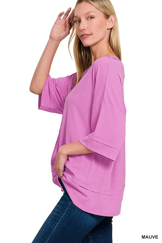 Zenana Off White Ribbed Boat Neck 3/4 Sleeve Top