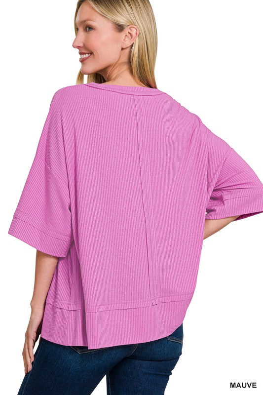 Zenana Off White Ribbed Boat Neck 3/4 Sleeve Top