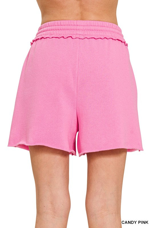 Zenana Ocean Blue Fleece Raw Hem Shorts With Draw String