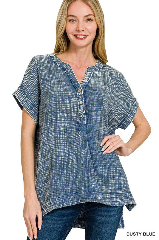 Zenana Lavender Washed Double Gauze 3/4 Button Henley Neck Shirt