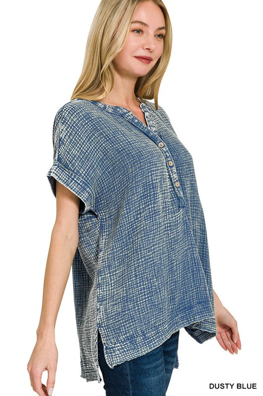 Zenana Lavender Washed Double Gauze 3/4 Button Henley Neck Shirt