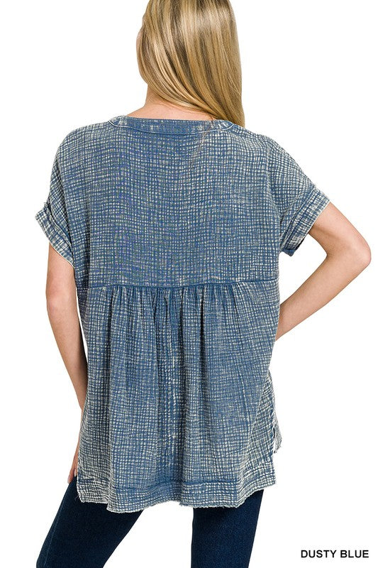 Zenana Lavender Washed Double Gauze 3/4 Button Henley Neck Shirt