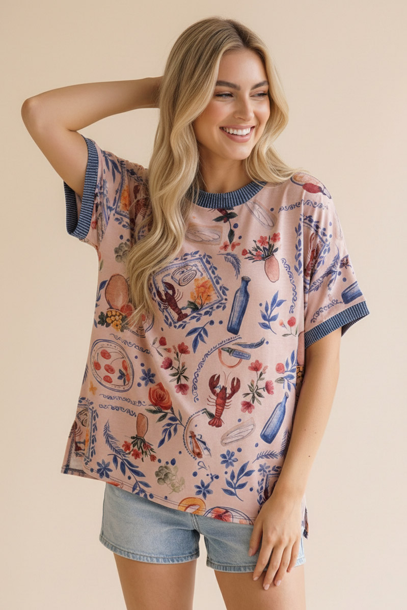 Haptics Lobster & Blooms Printed Ringer Tee