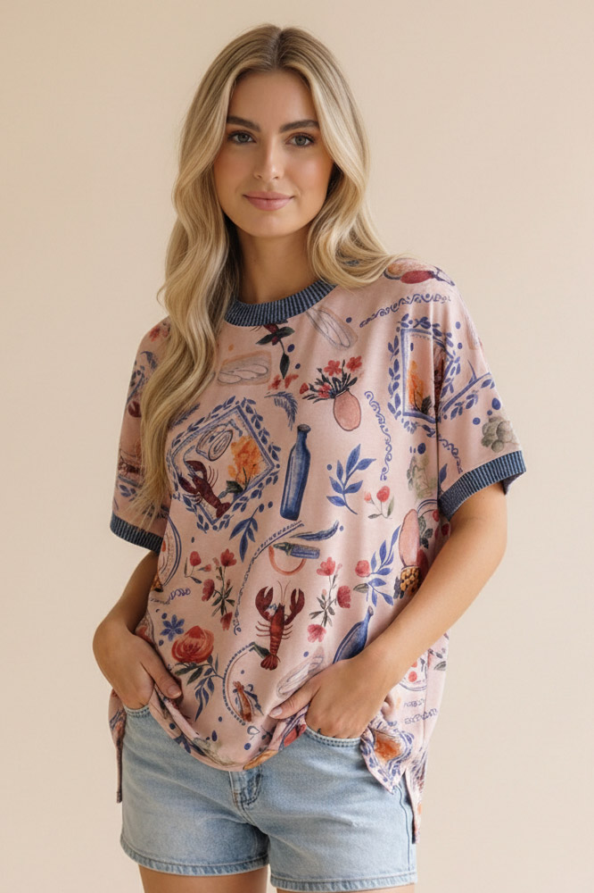 Haptics Lobster & Blooms Printed Ringer Tee