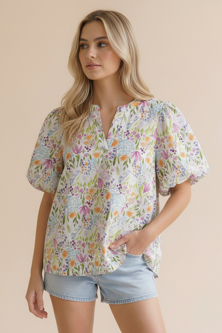 Haptics Running Through Wildflowers Flutter Sleeve Blouse