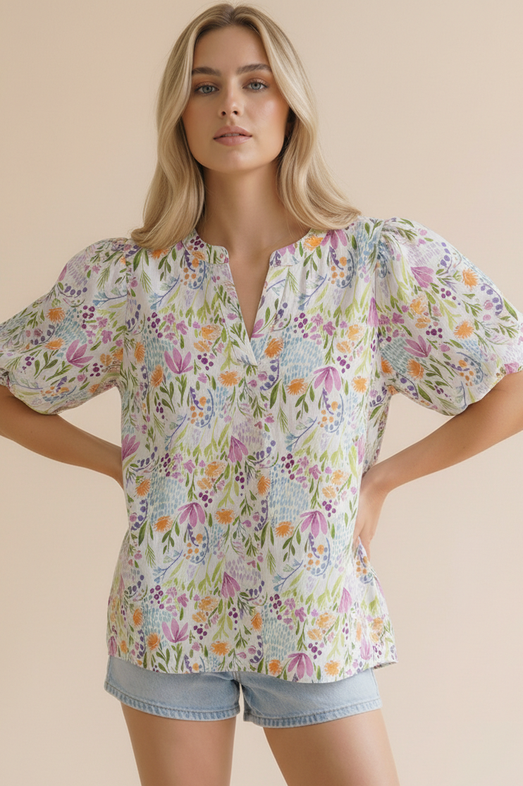 Haptics Running Through Wildflowers Flutter Sleeve Blouse